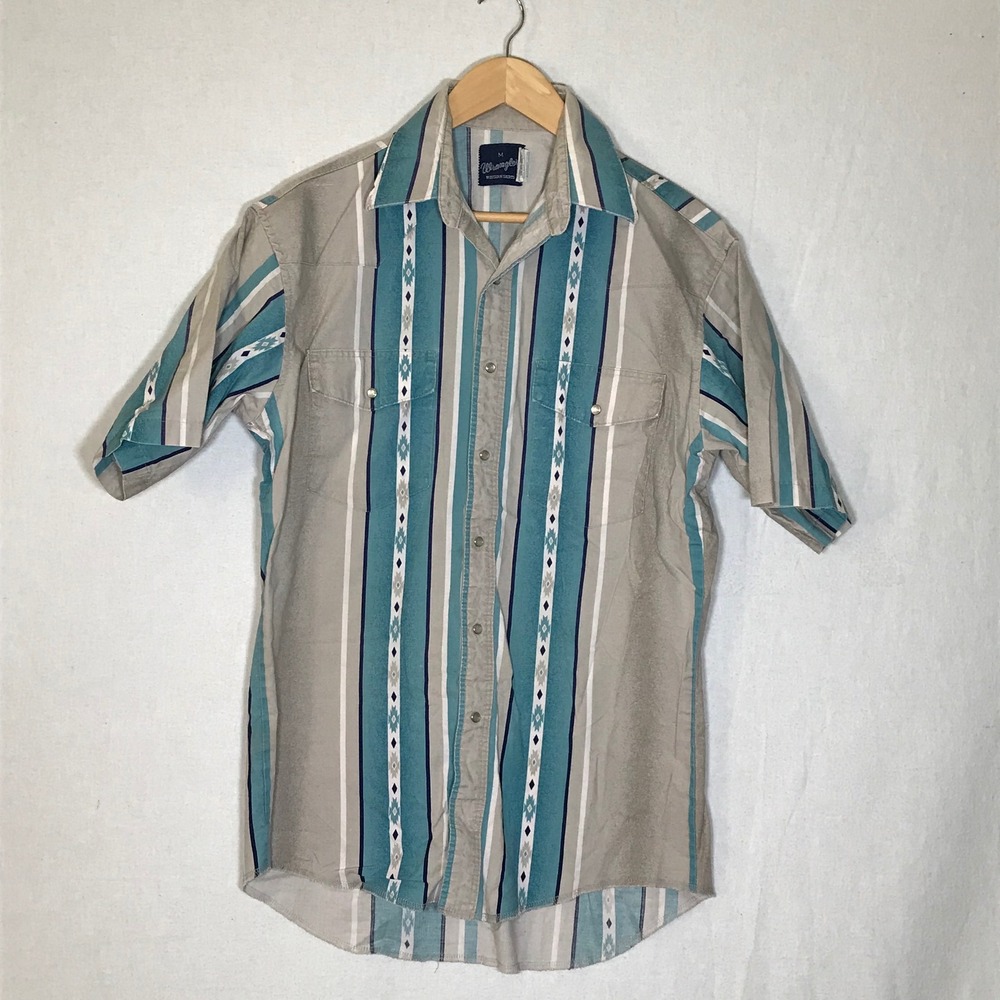Wrangler Western Shirt Mens Medium Tan Teal Striped Short Sleeve Snap MC1943A